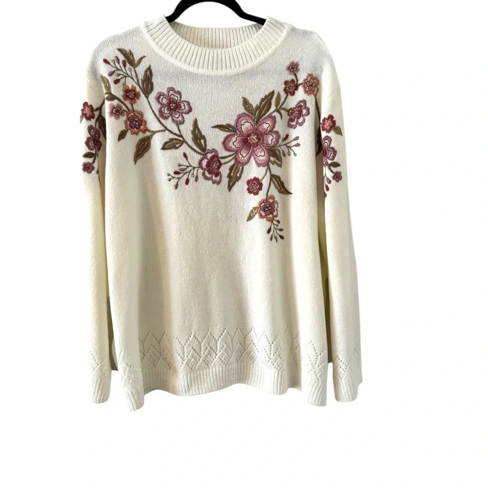 Telluride Floral Embroidered White Chenille Sweater 3x - Picture 2 of 9
